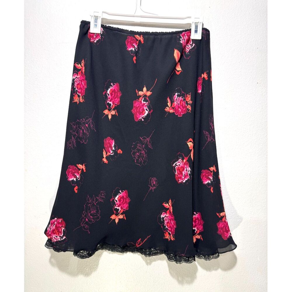 Y2K VTG midi skirt pull on valentine dark floral lace hem whimsy goth women 10